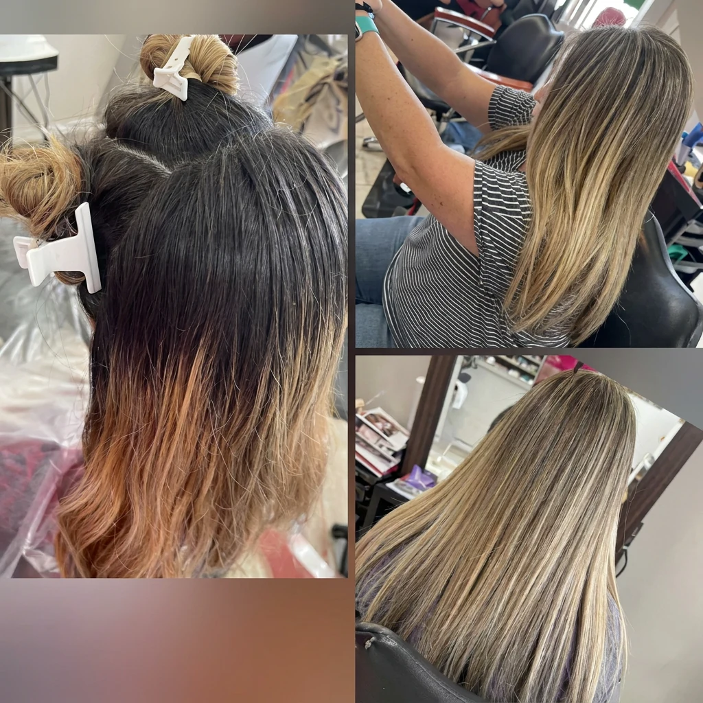 Cabello largo liso con ombré rubio y raíz oscura