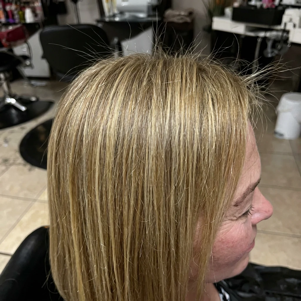 Mechas rubias en cabello lacio, vista de perfil