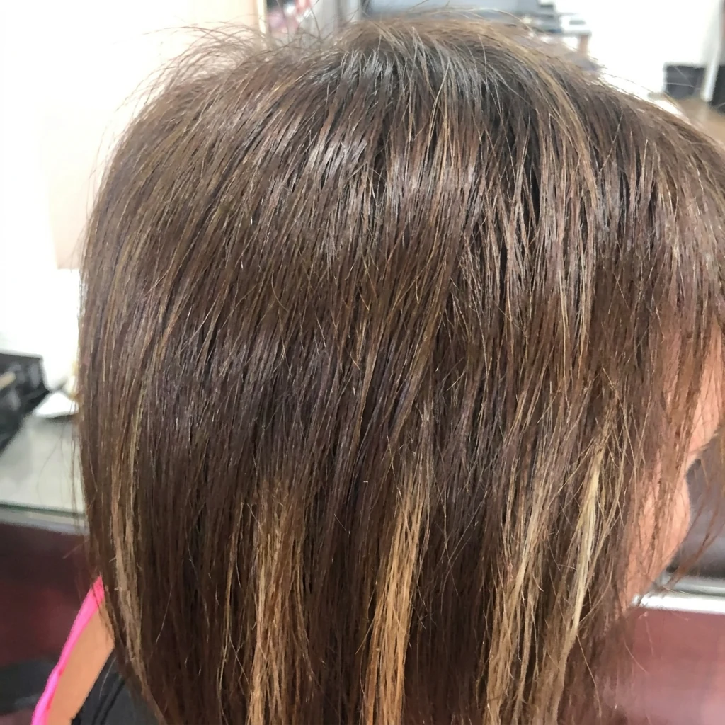 Cabello liso con mechas caramelo iluminando el rostro