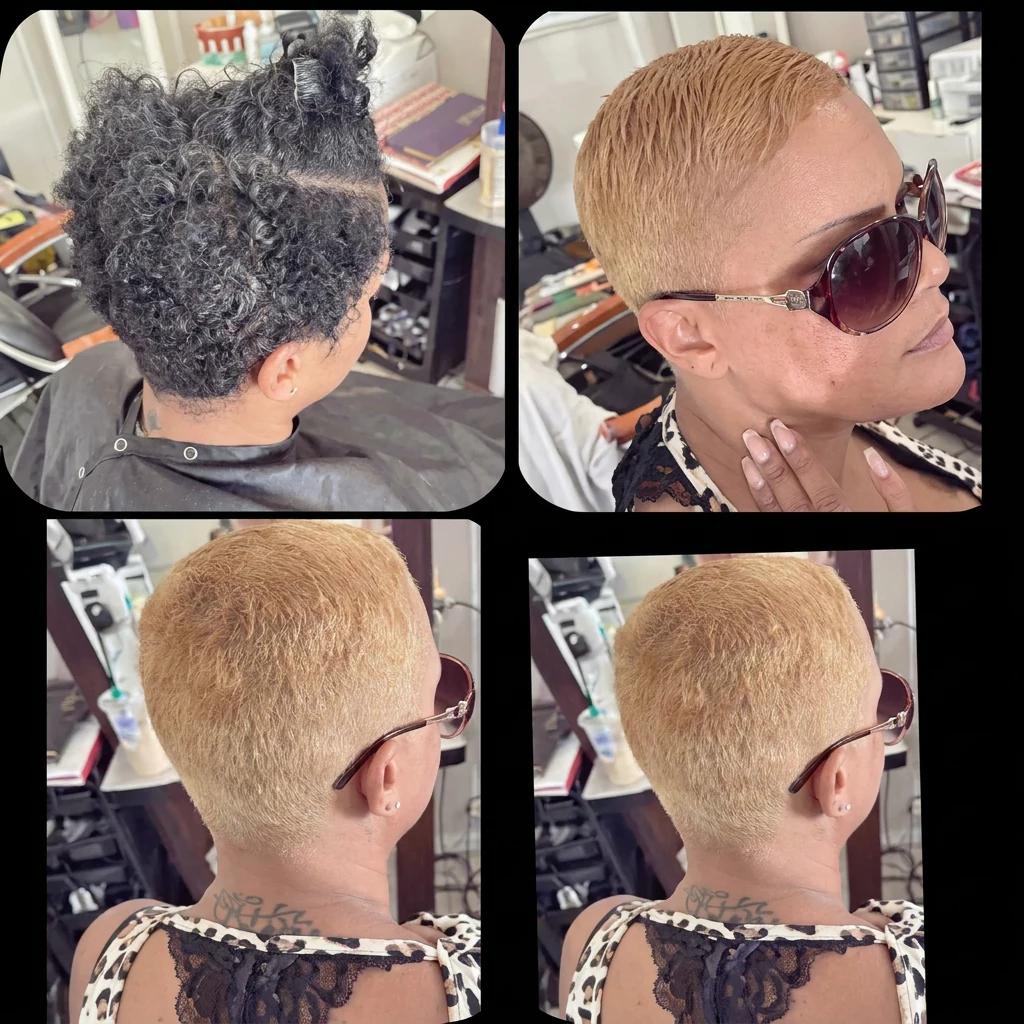 Corte corto pixie decolorado en rubio platino