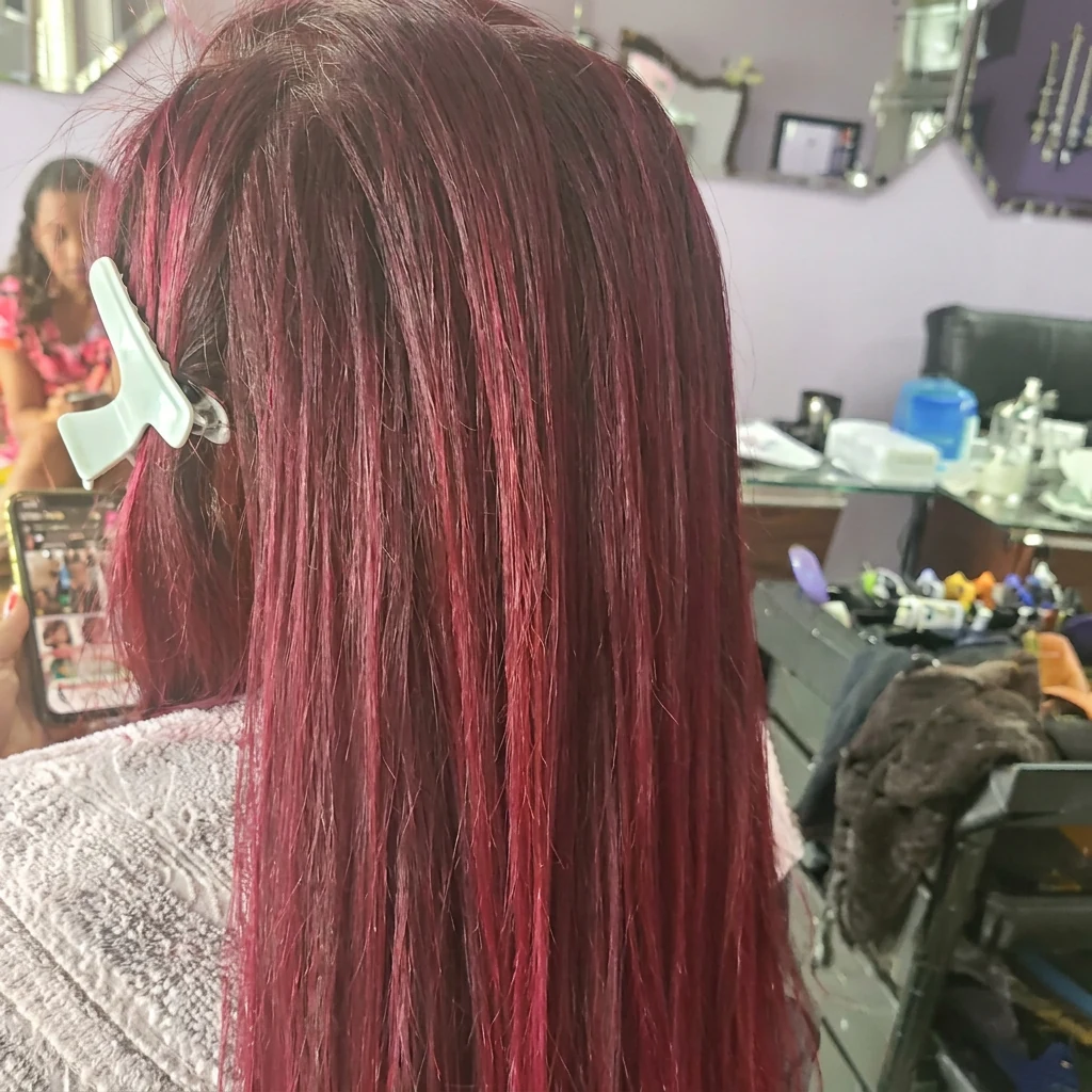 Degradado rojo magenta sobre cabello oscuro