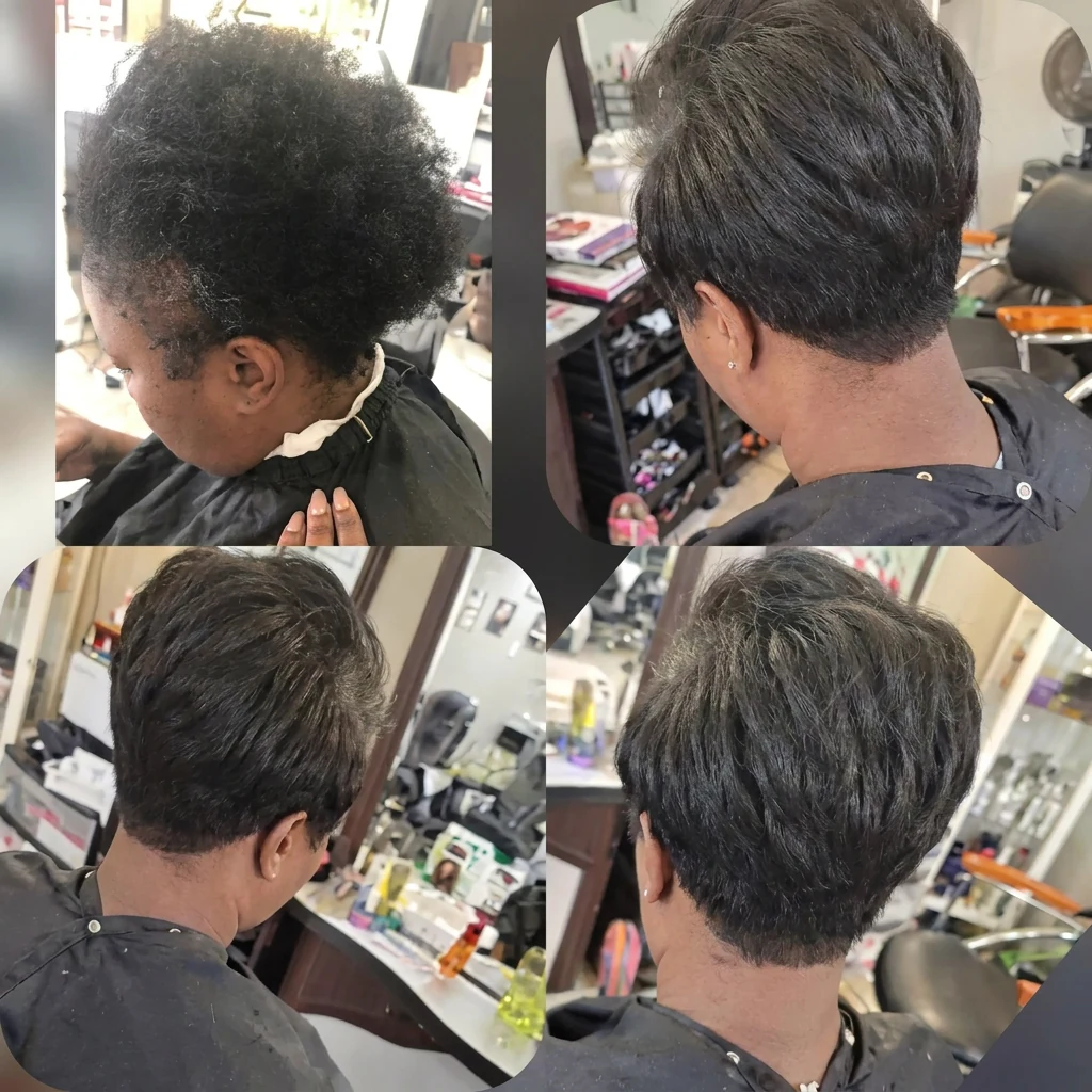 Corte pixie negro con acabado pulido, vistas laterales y traseras