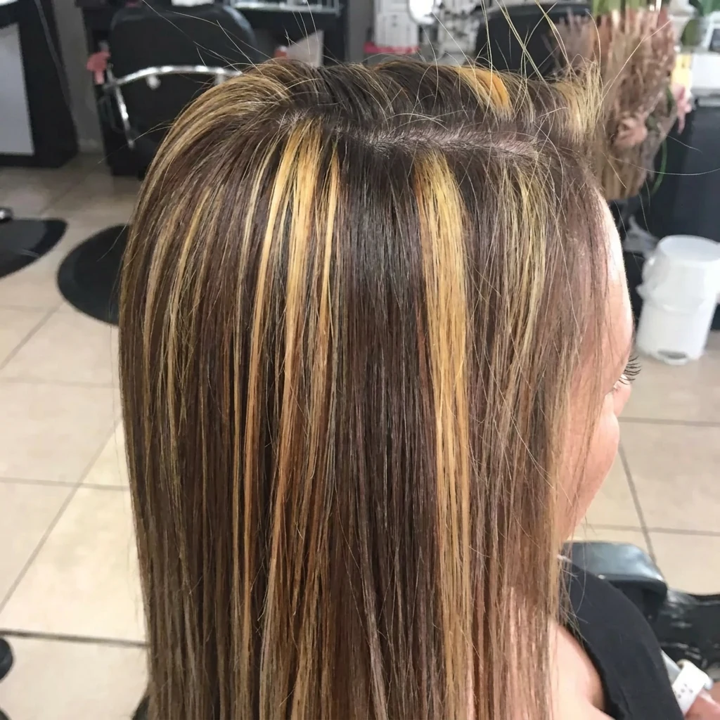 Mechas rubias gruesas sobre base castaña oscura