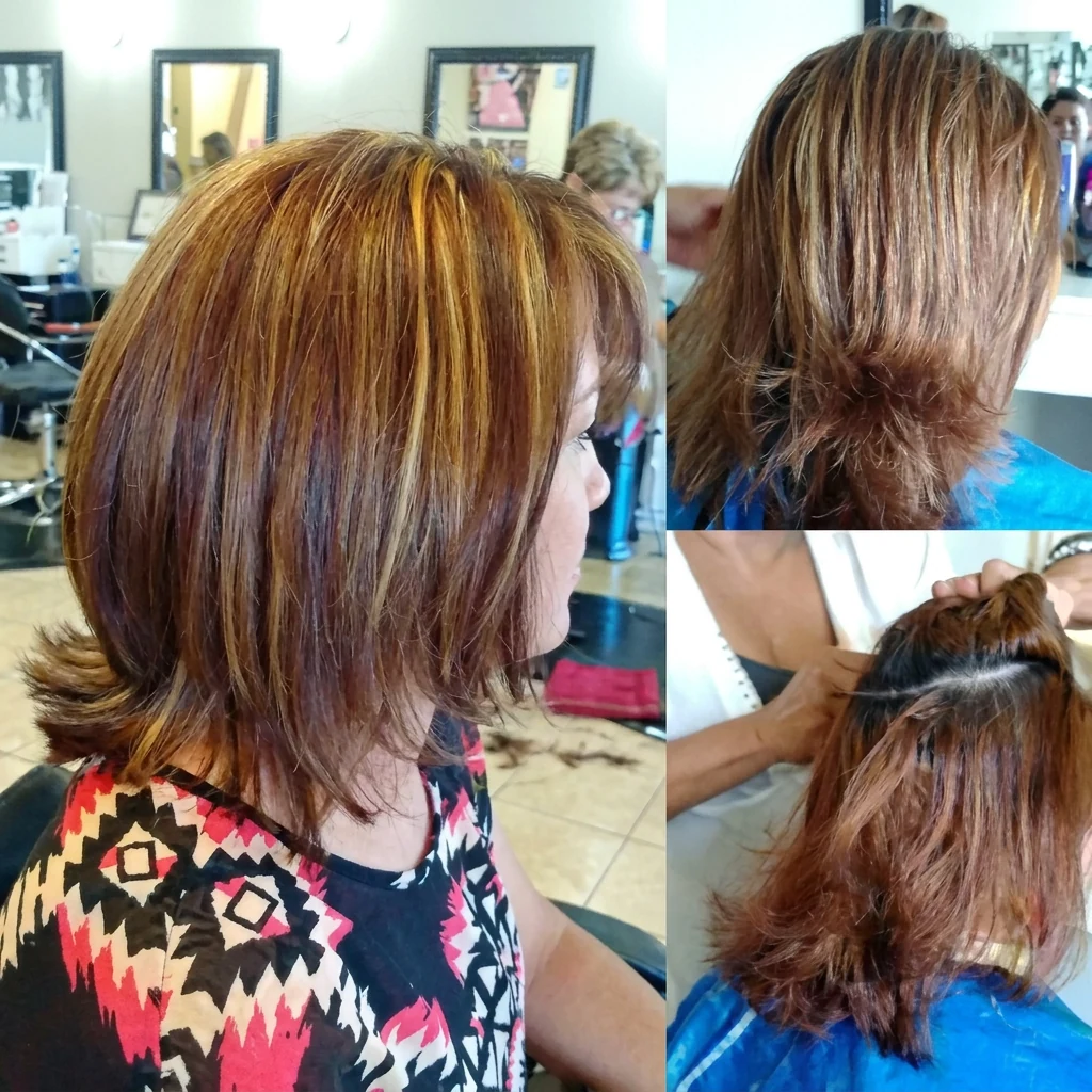 Bob cobrizo con mechas, distintas vistas del resultado