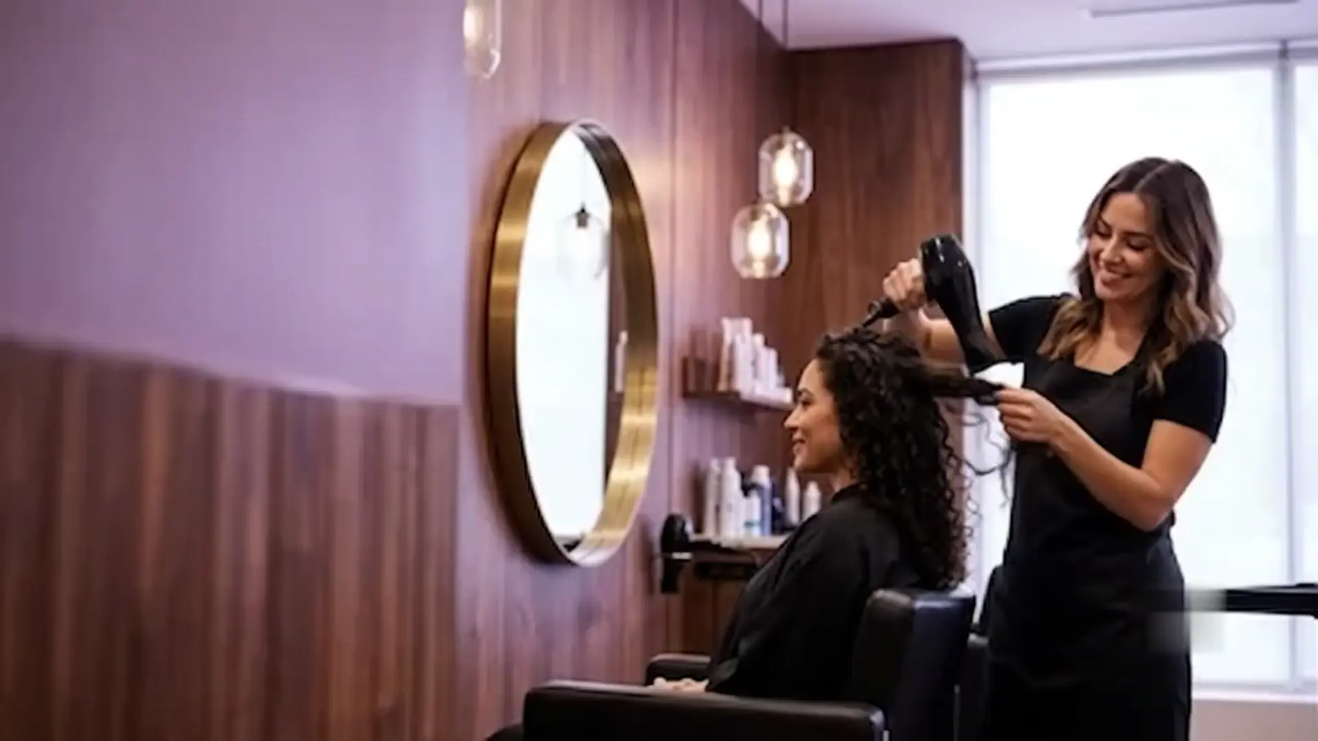 Estilista profesional secando y peinando el cabello de una clienta en el salón de belleza de Palm Bay, FL