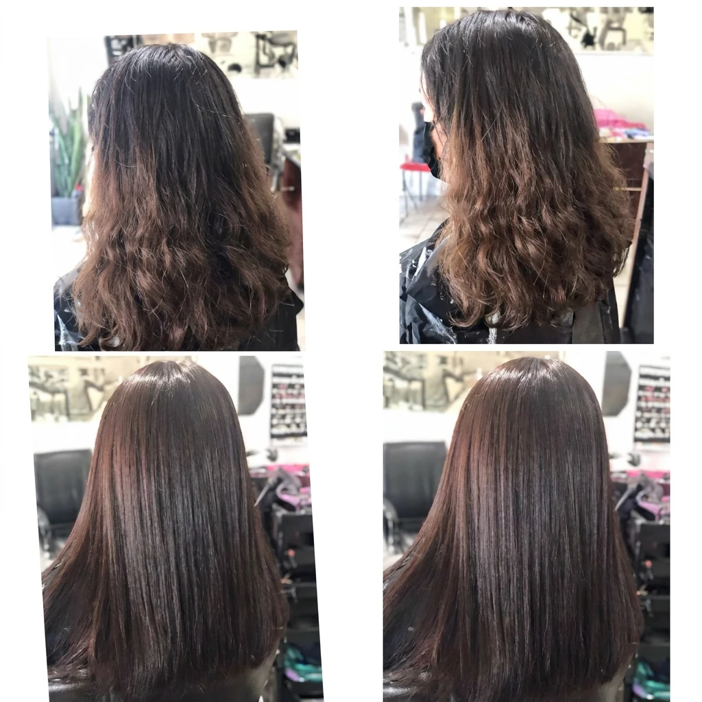 Antes y después de alisado y tratamiento de brillo en cabello castaño