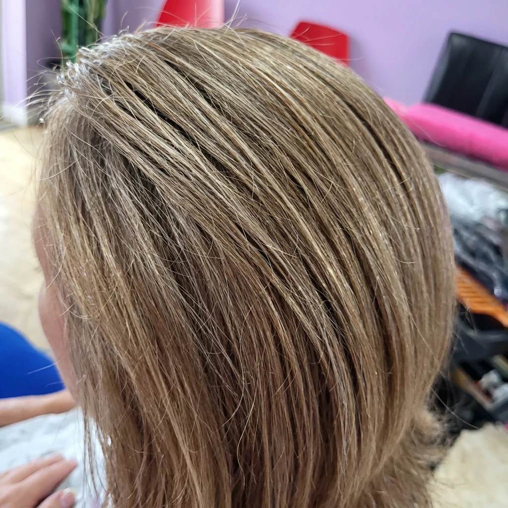 Cabello rubio con mechas y acabado liso pulido