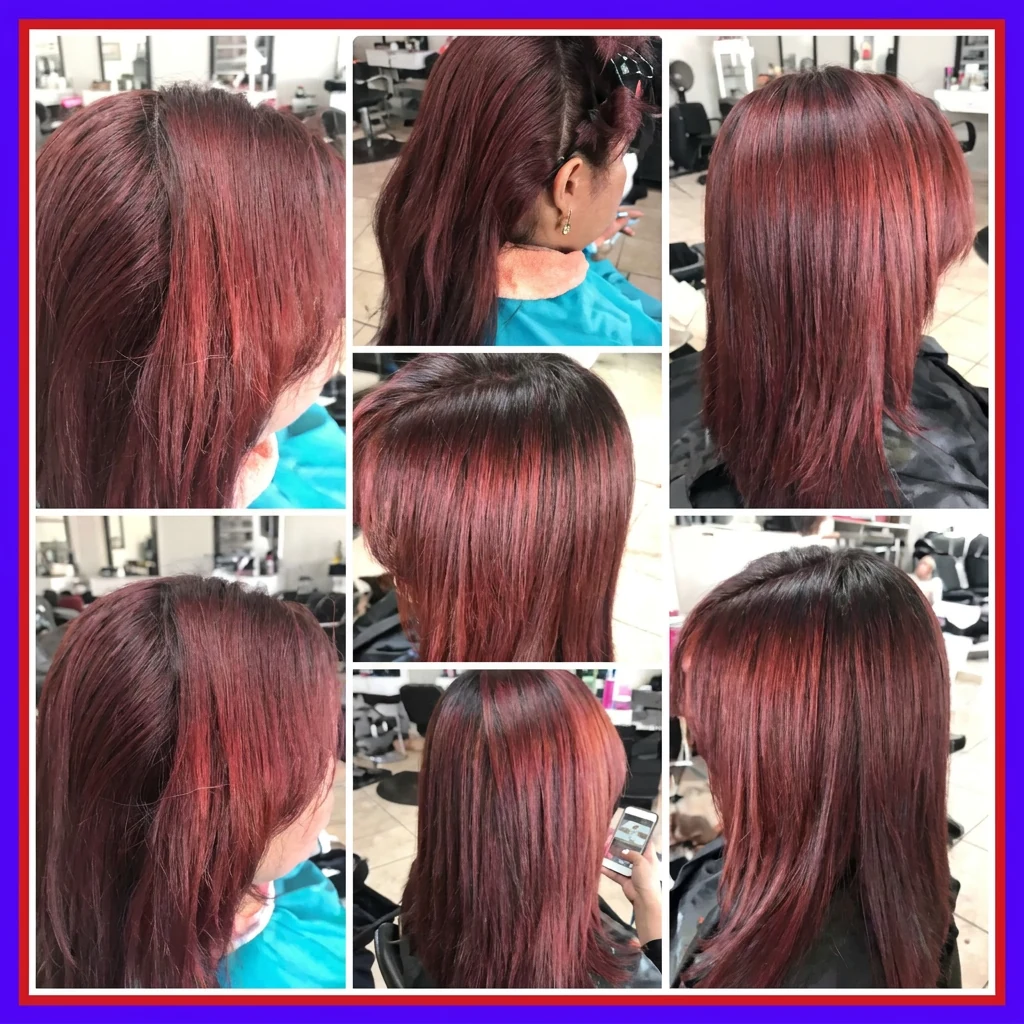 Coloración roja intensa y borgoña en cabello liso